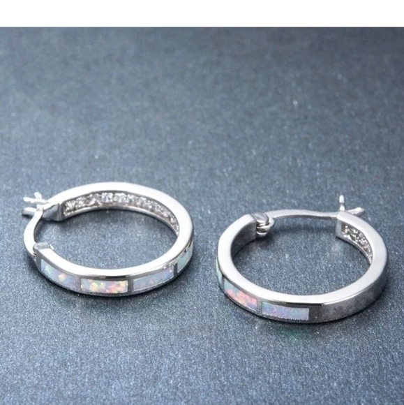 PRICE DROP!White Simulated Opal Hoop Earring with Siver Overlay - Picture 3 of 3
